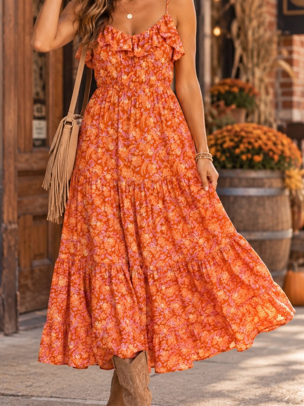 J Crew Orange Floral Ruffle Maxi Dress- Size Large NWT